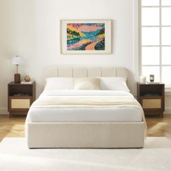 Bettkasten YUME aus beigem Chenille-Stoff 140 x 190 cm, inklusive Lattenrost