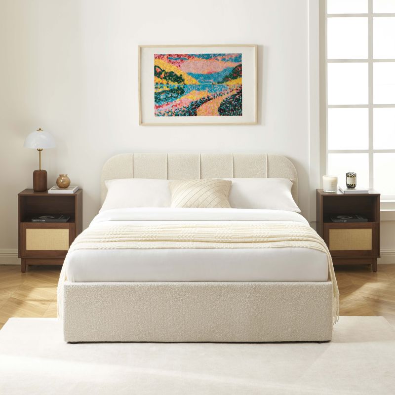 Bettkasten YUME aus beigem Chenille-Stoff 140 x 190 cm, inklusive Lattenrost
