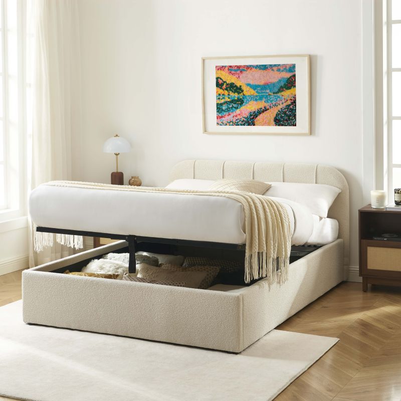 Bettkasten YUME aus beigem Chenille-Stoff 140 x 190 cm, inklusive Lattenrost