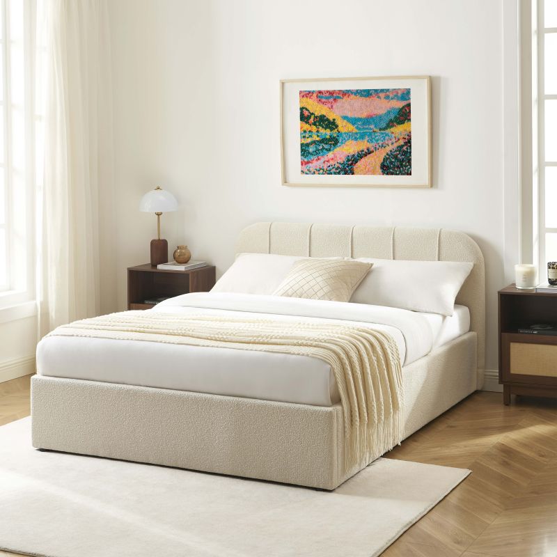 Bettkasten YUME aus beigem Chenille-Stoff 140 x 190 cm, inklusive Lattenrost