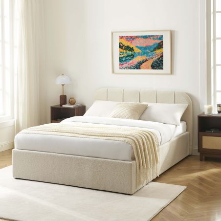 Bettkasten YUME aus beigem Chenille-Stoff 140 x 190 cm, inklusive Lattenrost