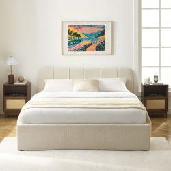 Bettkasten YUME aus beigem Chenille-Stoff 160x200, inklusive Lattenrost