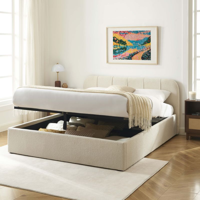 Bettkasten YUME aus beigem Chenille-Stoff 160x200, inklusive Lattenrost