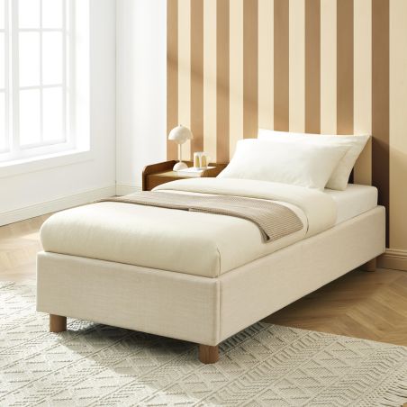 Bett mit Stauraum KORALL 90x190, Stoff in Beige Leinen, inklusive Lattenrost