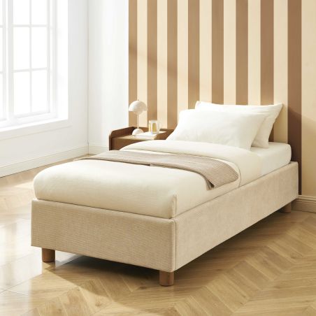 Bett mit Stauraum KORALL 90x190, beigefarbener Cord, inklusive Lattenrost