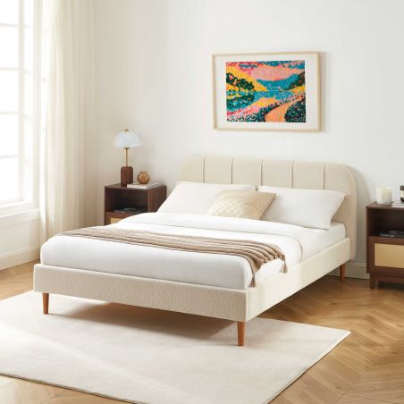 Letto YUME in tessuto bouclé beige 140x190 rete inclusa