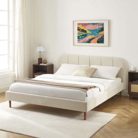 Letto YUME in tessuto bouclé beige 160x200 con rete inclusa