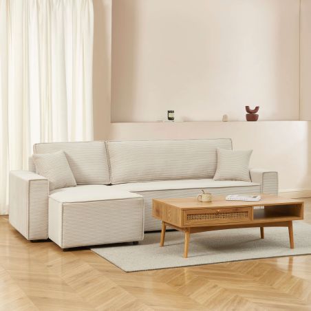 4-Sitzer-Ecksofa, umbaubar und wendbar, ZOLA, beigefarbener Cord