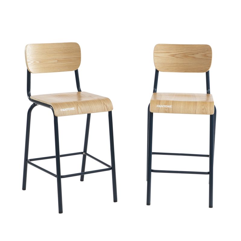 Set di 2 sedie da bar PANTONE blu notte e impiallacciatura di frassino con gambe in metallo