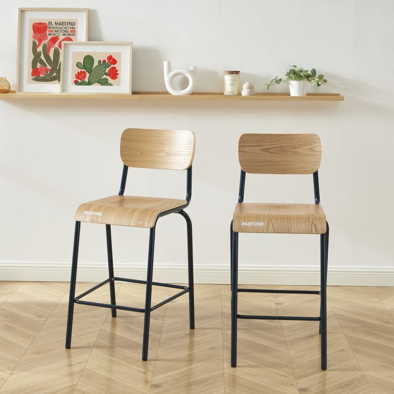 Set di 2 sedie da bar PANTONE blu notte e impiallacciatura di frassino con gambe in metallo