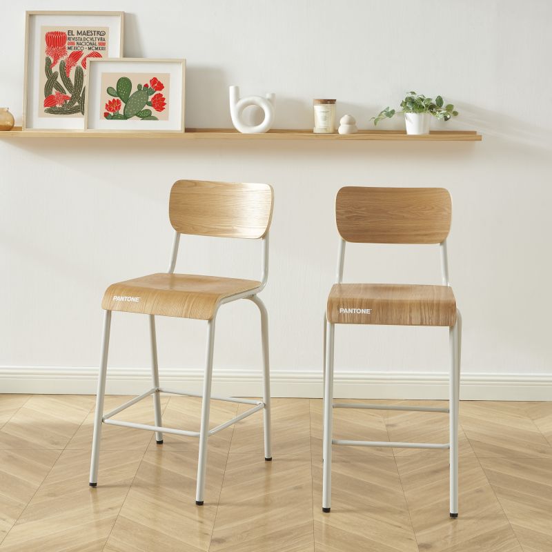 Set di 2 sedie da bar PANTONE beige sabbia e impiallacciatura di frassino con gambe in metallo