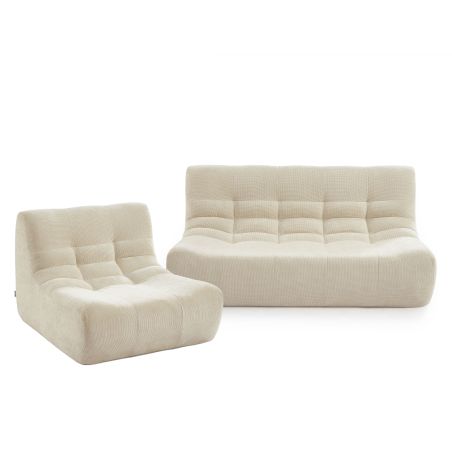 Set divano e poltrona JANIS modulabile 3 posti in tessuto ciniglia ecru