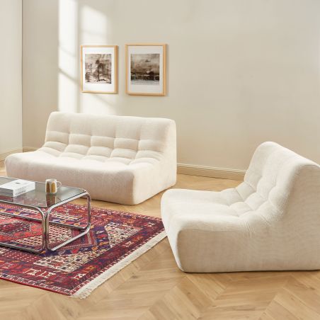 Set divano e poltrona JANIS modulabile 3 posti in tessuto ciniglia ecru