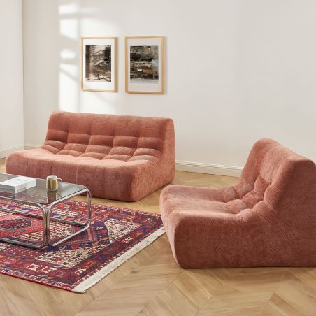 Set divano e poltrona JANIS modulabile 3 posti in tessuto ciniglia terracotta