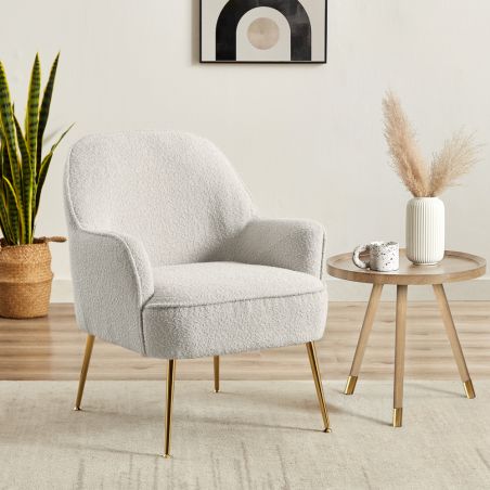 Poltrona MARCELINO in tessuto bouclé bianco con base dorata