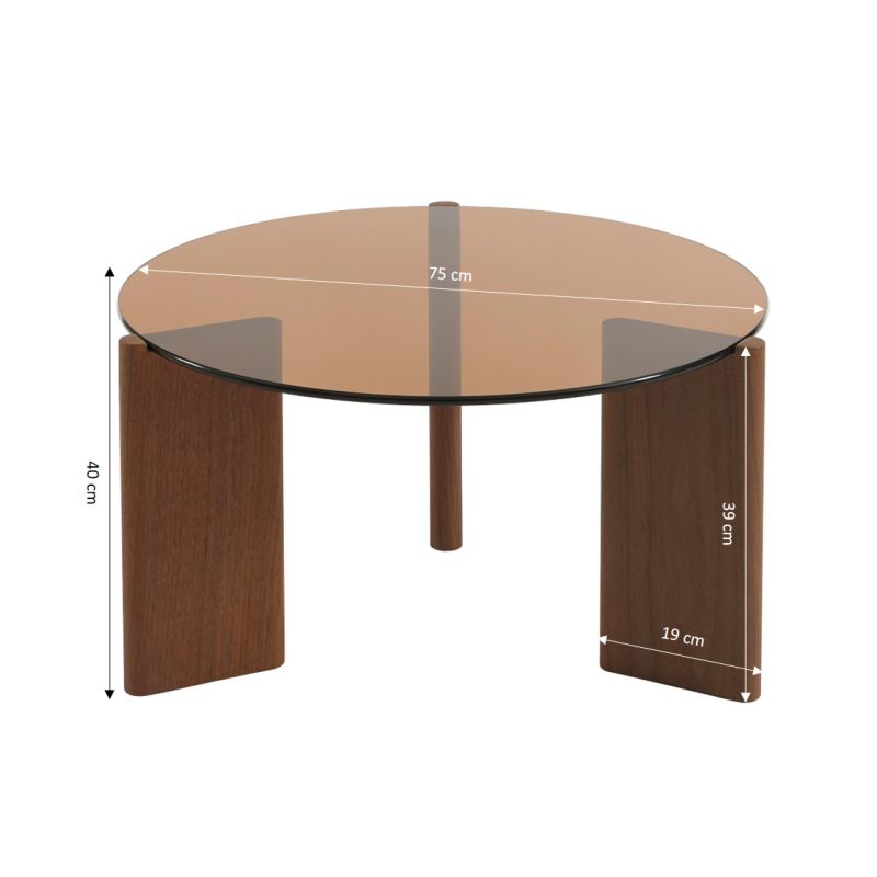 Tavolino OLIE in vetro temperato color caramello e impiallacciatura noce 75 cm