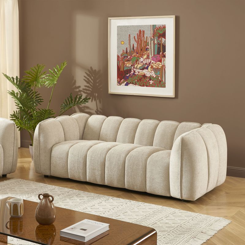 Divano lineare MATILDA 3 posti in tessuto ciniglia beige