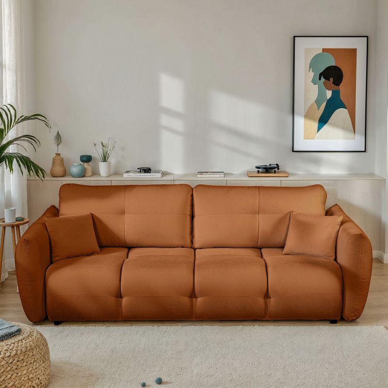 Divano letto COMO 3 posti in tessuto ciniglia cognac