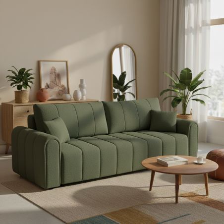 Gerades Schlafsofa GIORGIO 3-Sitzer, khakigrüner Bouclé-Stoff