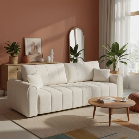 GIORGIO 3-Sitzer-Schlafsofa mit geradem Rücken, Bouclé-Stoff in Greige