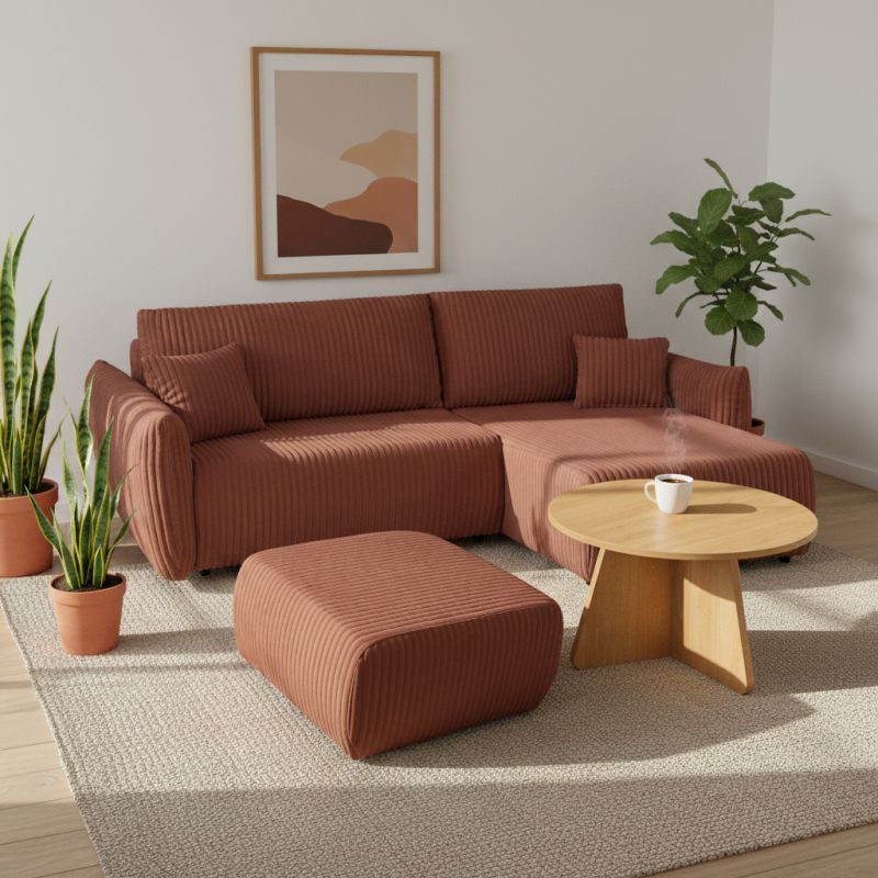 Divano angolare convertibile e reversibile GLORIA 4 posti in velluto a coste terracotta