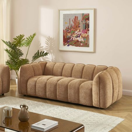 Divano lineare MATILDA 3 posti in tessuto ciniglia terracotta