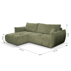 Umbaubares und wendbares Ecksofa GLORIA 4-Sitzer, grün salbeifarbener Cord