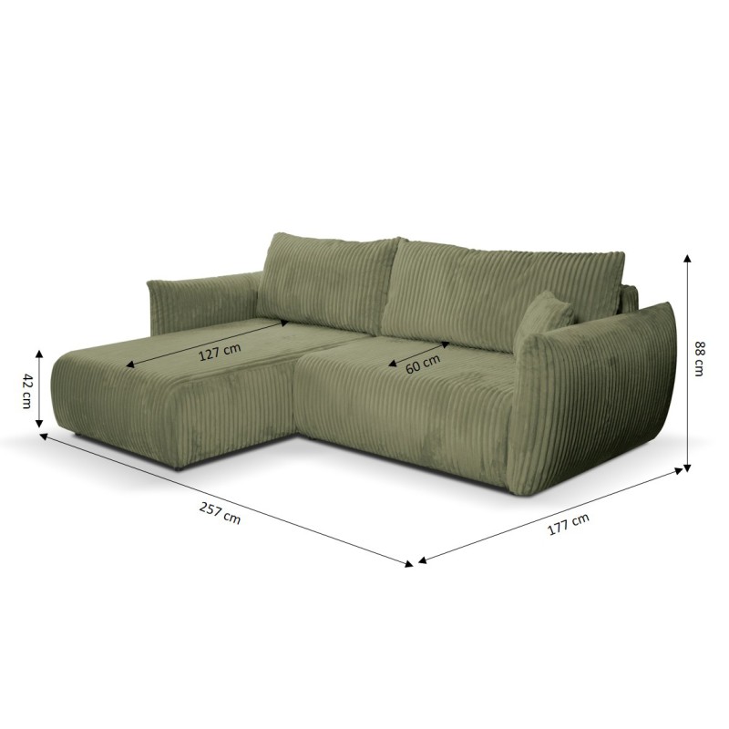 Umbaubares und wendbares Ecksofa GLORIA 4-Sitzer, grün salbeifarbener Cord