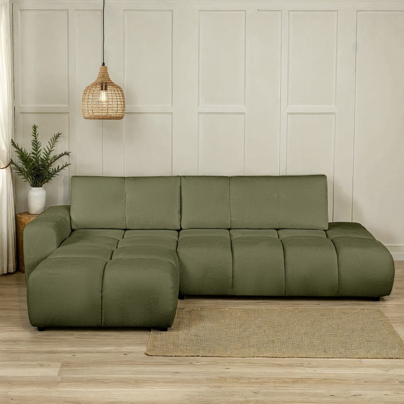 Divano angolare sinistro convertibile SORELLA 4 posti in tessuto ciniglia verde kaki