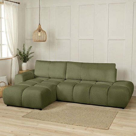 Divano angolare sinistro convertibile SORELLA 4 posti in tessuto ciniglia verde kaki