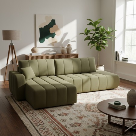 Ecksofa links, umbaubar, BELEM, 4/5-Sitzer, Stoff Chenille khaki grün