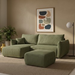 Umbaubares und wendbares Ecksofa GLORIA 4-Sitzer, grün salbeifarbener Cord