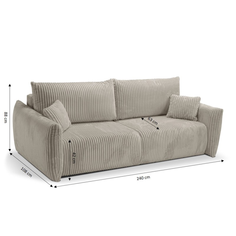 Divano letto GLORIA 3 posti in velluto a coste color tortora
