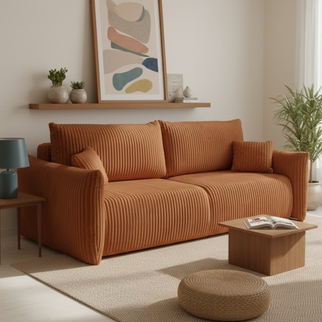Divano letto GLORIA 3 posti in velluto a coste color terracotta