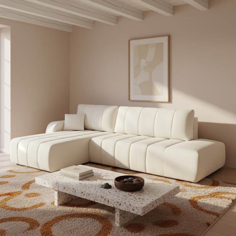 Ecksofa BELEM, 4/5-Sitzer, mit Bettfunktion, Chenille-Stoff, ecru