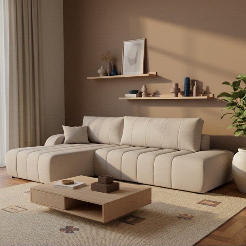 Ecksofa BELEM, links, 4/5-Sitzer, Chenille-Stoff in Greige