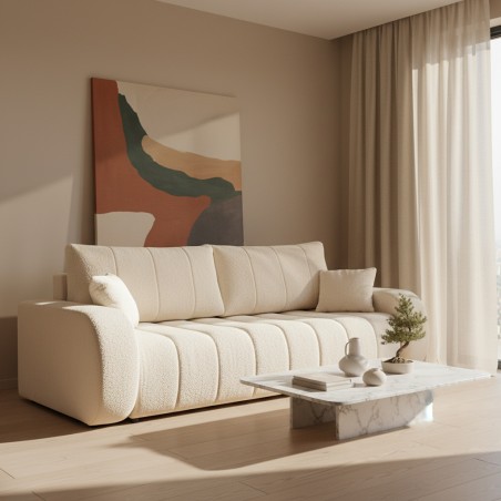Gerades Sofa mit Schlaffunktion BELEM, 3-Sitzer, Bouclé-Stoff, ecru