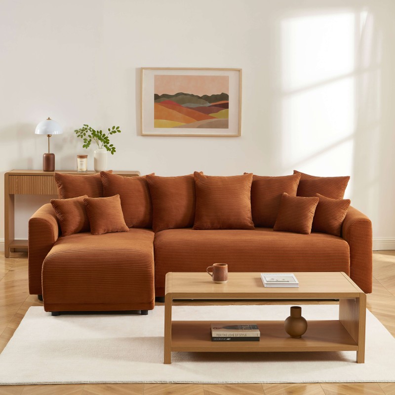 Canapé angle SOLINE convertible velours côtelé terracotta 4 places