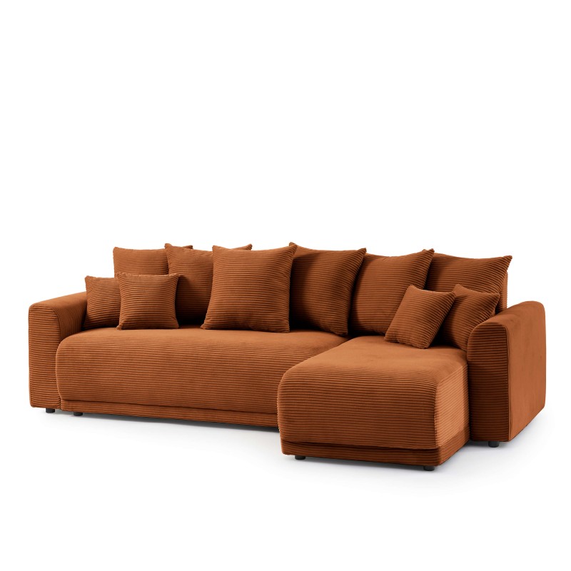Canapé angle SOLINE convertible velours côtelé terracotta 4 places