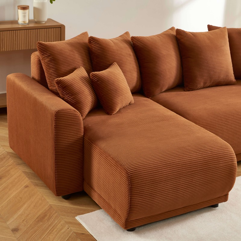 Canapé angle SOLINE convertible velours côtelé terracotta 4 places