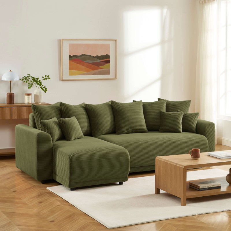 Canapé angle SOLINE convertible velours côtelé vert 4 places