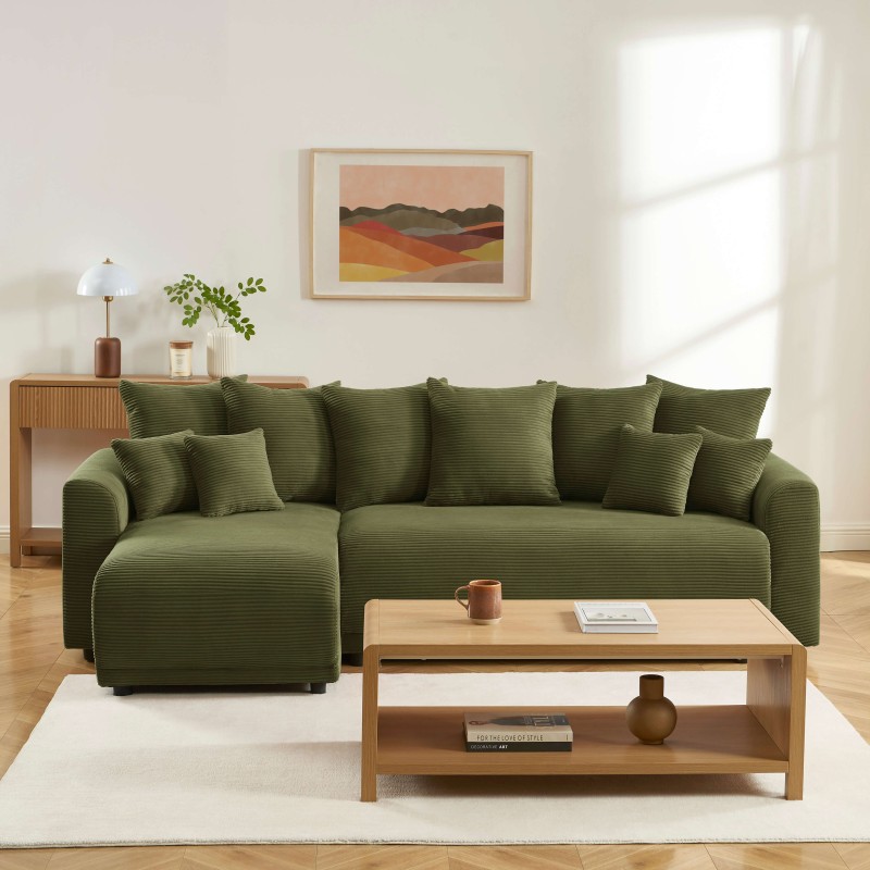 Canapé angle SOLINE convertible velours côtelé vert 4 places