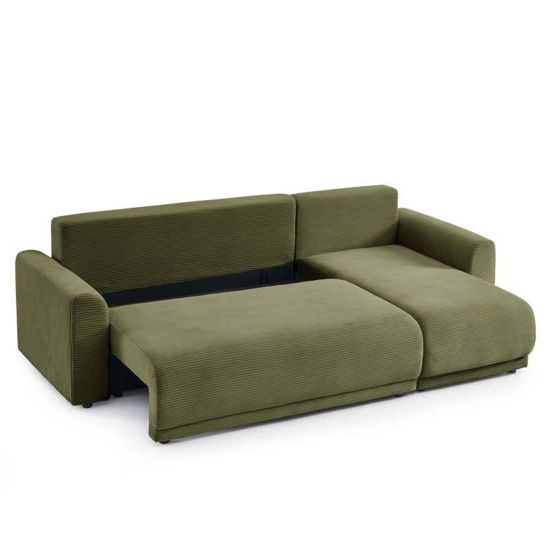 Canapé angle SOLINE convertible velours côtelé vert 4 places