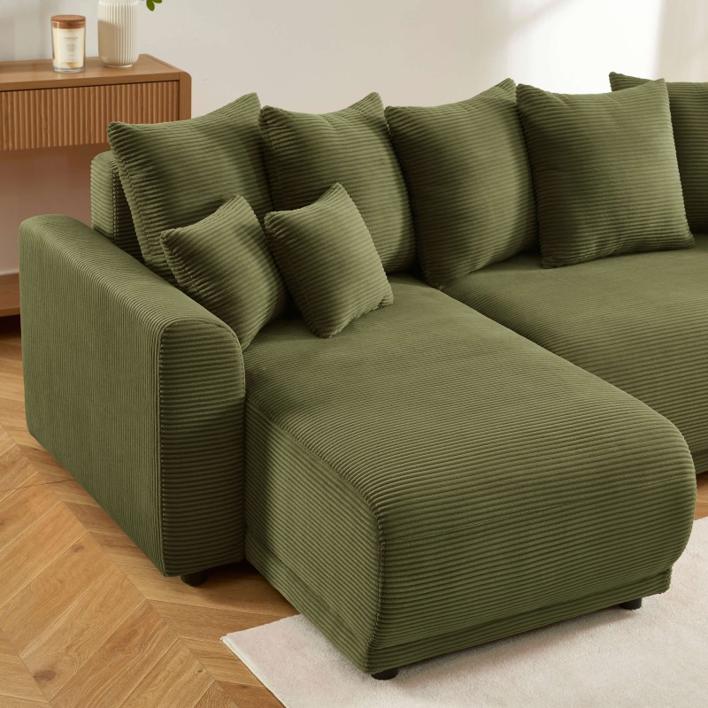 Canapé angle SOLINE convertible velours côtelé vert 4 places