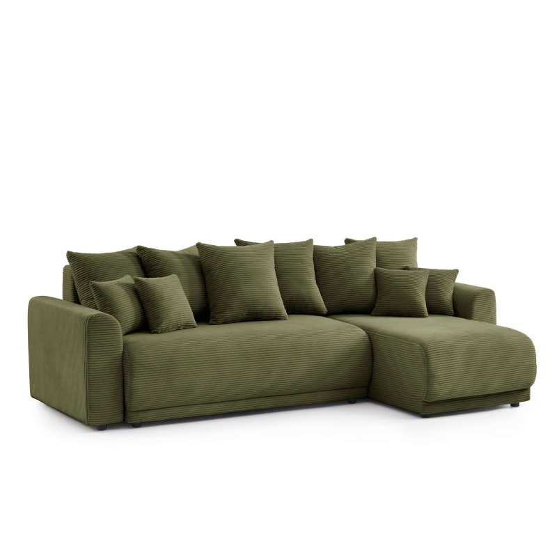 Canapé angle SOLINE convertible velours côtelé vert 4 places