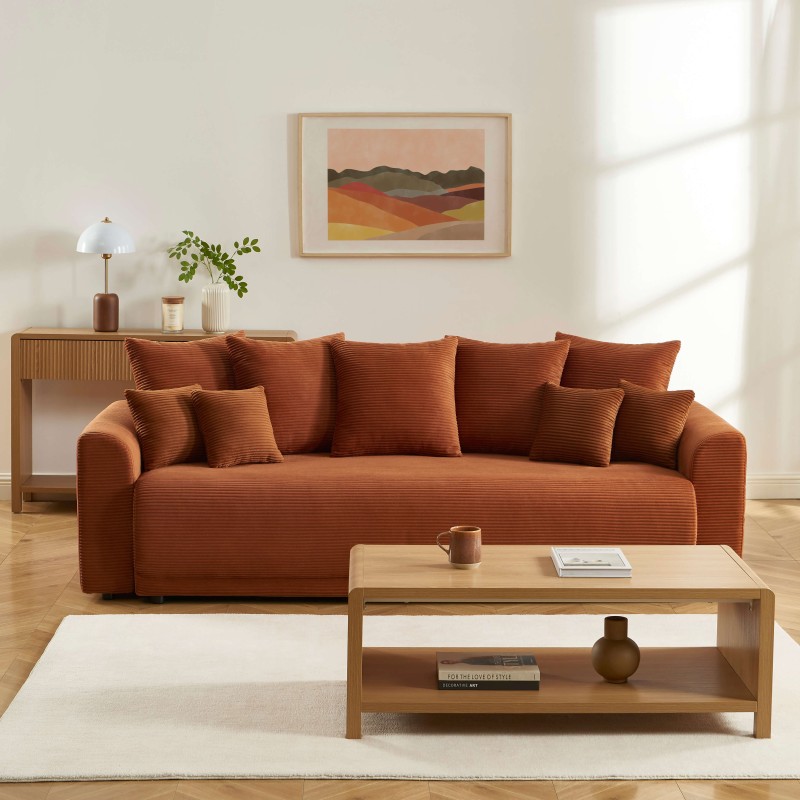 Canapé droit SOLINE convertiblevelours cotêlé terracotta 3 places