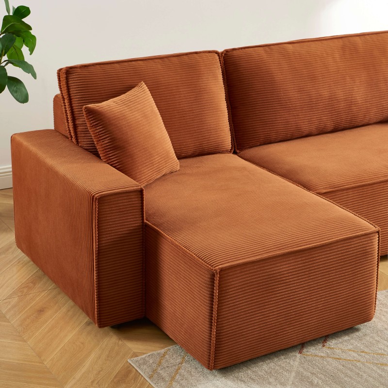 Canapé d'angle ZOLA convertible et réversible velours côtelé terracotta 4 places