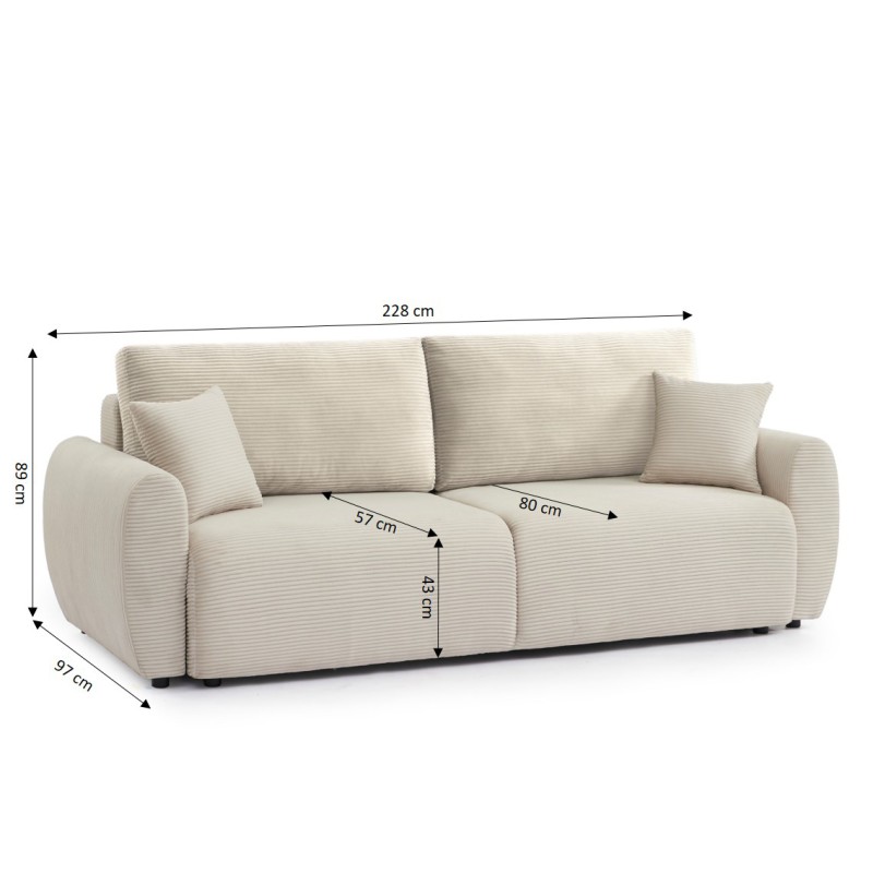 Canapé droit DANILO convertible velours côtelé beige 3 places