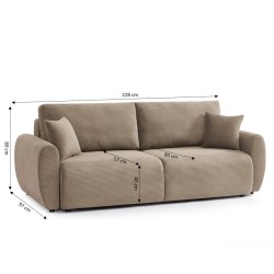 Canapé droit DANILO convertible velours cotelé taupe 3 places