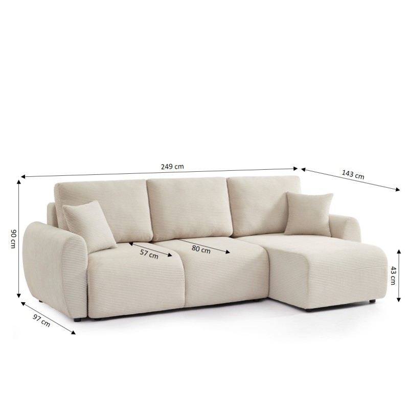 Canapé d'angle DANILO convertible velours côtelé beige 4 places